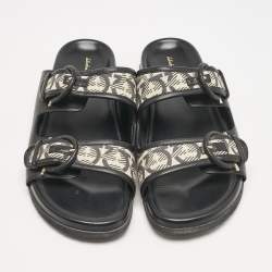 Salvatore Ferragamo Black/Off White Logo Print Fabric and Leather Gairo T Flat Slides Size 39.5