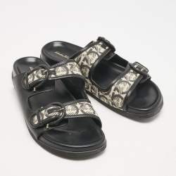 Salvatore Ferragamo Black/Off White Logo Print Fabric and Leather Gairo T Flat Slides Size 39.5