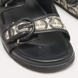 Salvatore Ferragamo Black/Off White Logo Print Fabric and Leather Gairo T Flat Slides Size 39.5