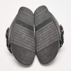Salvatore Ferragamo Black/Off White Logo Print Fabric and Leather Gairo T Flat Slides Size 39.5
