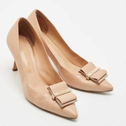 Pre Owned Salvatore Ferragamo Blush Pink Leather Bow Pumps Size 37.5