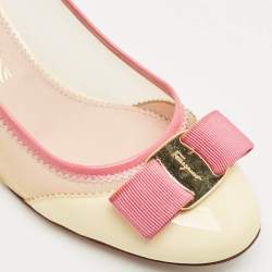 Salvatore Ferragamo Cream Mesh and Patent Leather Elinda Block Heel Pumps Size 37