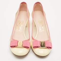 Salvatore Ferragamo Cream Mesh and Patent Leather Elinda Block Heel Pumps Size 37