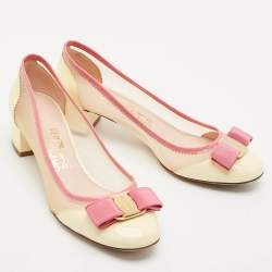 Salvatore Ferragamo Cream Mesh and Patent Leather Elinda Block Heel Pumps Size 37