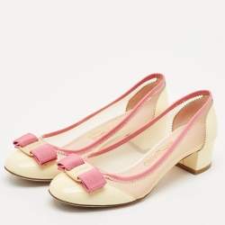 Salvatore Ferragamo Cream Mesh and Patent Leather Elinda Block Heel Pumps Size 37