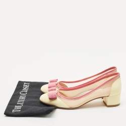 Salvatore Ferragamo Cream Mesh and Patent Leather Elinda Block Heel Pumps Size 37