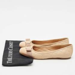 Salvatore Ferragamo Beige Quilted Patent and  Leather Varina Ballet Flats Size 37.5