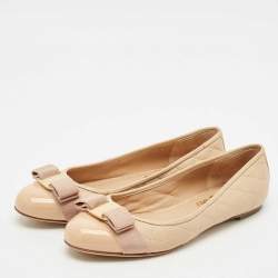Salvatore Ferragamo Beige Quilted Patent and  Leather Varina Ballet Flats Size 37.5