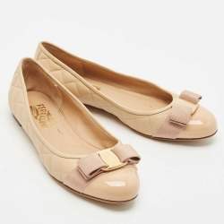 Salvatore Ferragamo Beige Quilted Patent and  Leather Varina Ballet Flats Size 37.5