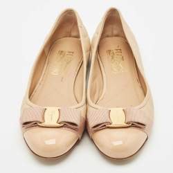 Salvatore Ferragamo Beige Quilted Patent and  Leather Varina Ballet Flats Size 37.5