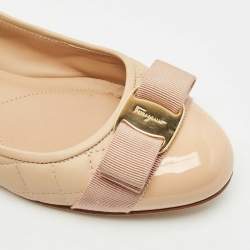 Salvatore Ferragamo Beige Quilted Patent and  Leather Varina Ballet Flats Size 37.5