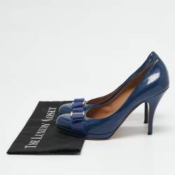 Salvatore Ferragamo Blue Patent Leather Vara Bow Pumps Size 39