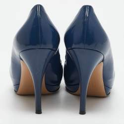 Salvatore Ferragamo Blue Patent Leather Vara Bow Pumps Size 39
