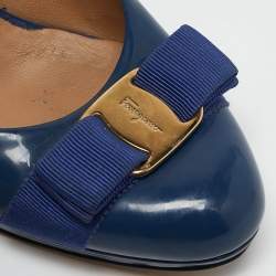 Salvatore Ferragamo Blue Patent Leather Vara Bow Pumps Size 39