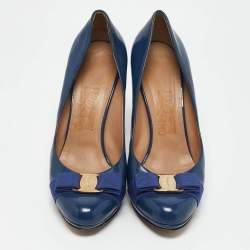 Salvatore Ferragamo Blue Patent Leather Vara Bow Pumps Size 39