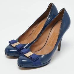 Salvatore Ferragamo Blue Patent Leather Vara Bow Pumps Size 39