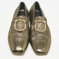 Salvatore Ferragamo Gold Foil Leather Lana Loafers Size 35