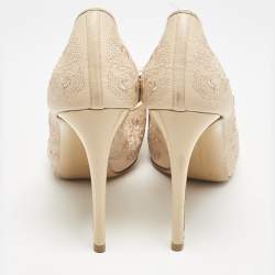 Salvatore Ferragamo Peach Floral Embroidered Leather Vara Bow Peep Toe Pumps Size 38