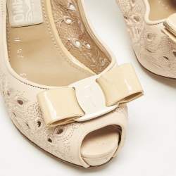 Salvatore Ferragamo Peach Floral Embroidered Leather Vara Bow Peep Toe Pumps Size 38