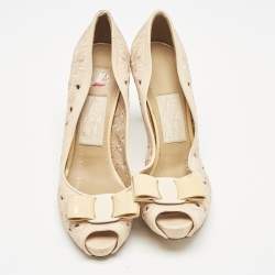 Salvatore Ferragamo Peach Floral Embroidered Leather Vara Bow Peep Toe Pumps Size 38