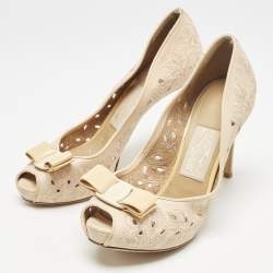 Salvatore Ferragamo Peach Floral Embroidered Leather Vara Bow Peep Toe Pumps Size 38