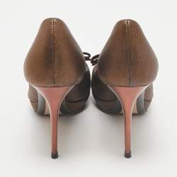 Salvatore Ferragamo Metallic Leather Vara Bow Peep Toe Pumps Size 38.5