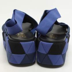 Salvatore Ferragamo Blue/Black Colorblock Stretch Fabric Wedge Platform Sandals Size 39