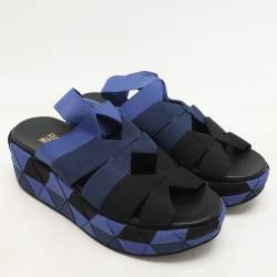 Salvatore Ferragamo Blue/Black Colorblock Stretch Fabric Wedge Platform Sandals Size 39
