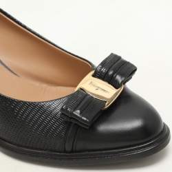 Salvatore Ferragamo Black Lizard Embossed Leather Vara Bow Block Heels Pumps Size 39