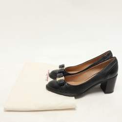 Salvatore Ferragamo Black Lizard Embossed Leather Vara Bow Block Heels Pumps Size 39