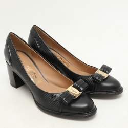 Salvatore Ferragamo Black Lizard Embossed Leather Vara Bow Block Heels Pumps Size 39