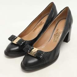 Salvatore Ferragamo Black Lizard Embossed Leather Vara Bow Block Heels Pumps Size 39
