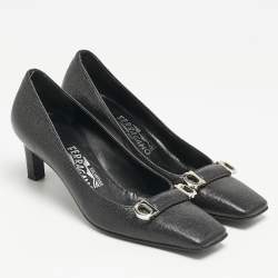Pre Owned Salvatore Ferragamo Black Leather Square Toe Pumps Size 37