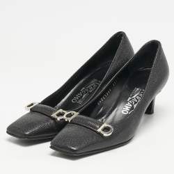 Pre Owned Salvatore Ferragamo Black Leather Square Toe Pumps Size 37