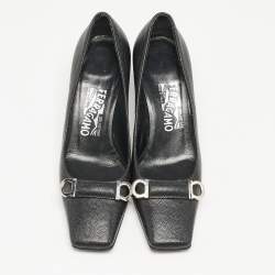 Pre Owned Salvatore Ferragamo Black Leather Square Toe Pumps Size 37