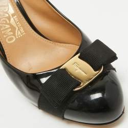 Salvatore Ferragamo Black Patent Leather Vara Bow Pumps Size 37