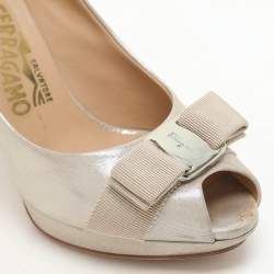 Salvatore Ferragamo Gold Nubuck Leather Talia Peep Toe Pumps Size 36
