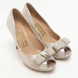 Salvatore Ferragamo Gold Nubuck Leather Talia Peep Toe Pumps Size 36