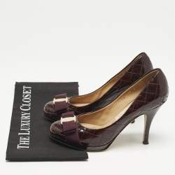 Salvatore Ferragamo Burgundy Quilted Patent Leather Vara Bow Pumps Size 36.5