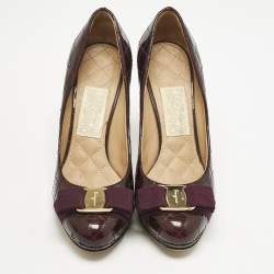 Salvatore Ferragamo Burgundy Quilted Patent Leather Vara Bow Pumps Size 36.5