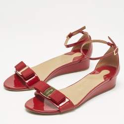 Salvatore Ferragamo Red Patent Leather Vara Bow Ankle Strap Sandals Size 36