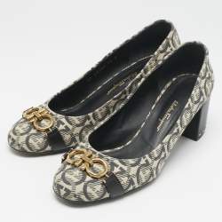 Salvatore Ferragamo Grey/Beige Gancini Canvas Garda Pumps Size 40.5
