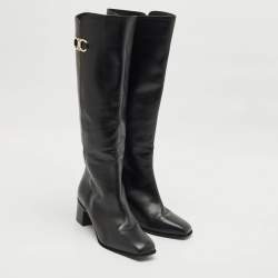 Salvatore Ferragamo Black Leather Gancini Knee Length Boots Size 38