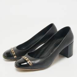 Pre Owned Salvatore Ferragamo Black Patent and Leather Vara Chain Pumps Size 37