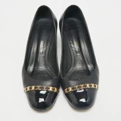 Pre Owned Salvatore Ferragamo Black Patent and Leather Vara Chain Pumps Size 37