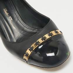 Pre Owned Salvatore Ferragamo Black Patent and Leather Vara Chain Pumps Size 37