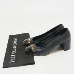 Pre Owned Salvatore Ferragamo Black Patent and Leather Vara Chain Pumps Size 37