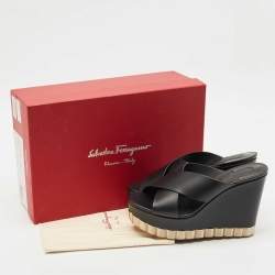 Salvatore Ferragamo Black Leather Nicosia Wedge Sandals Size 37