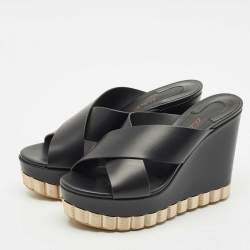 Salvatore Ferragamo Black Leather Nicosia Wedge Sandals Size 37