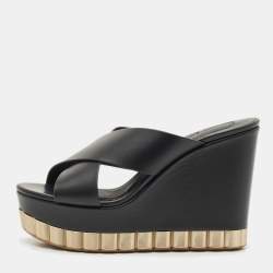Salvatore Ferragamo Black Leather Nicosia Wedge Sandals Size 37